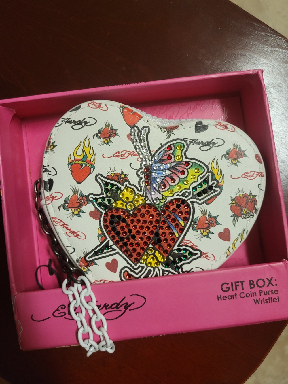 Ed Hardy Heart Coin Purse Wristlet with Multicolor Heart & Butterfly - Picture 2 of 3